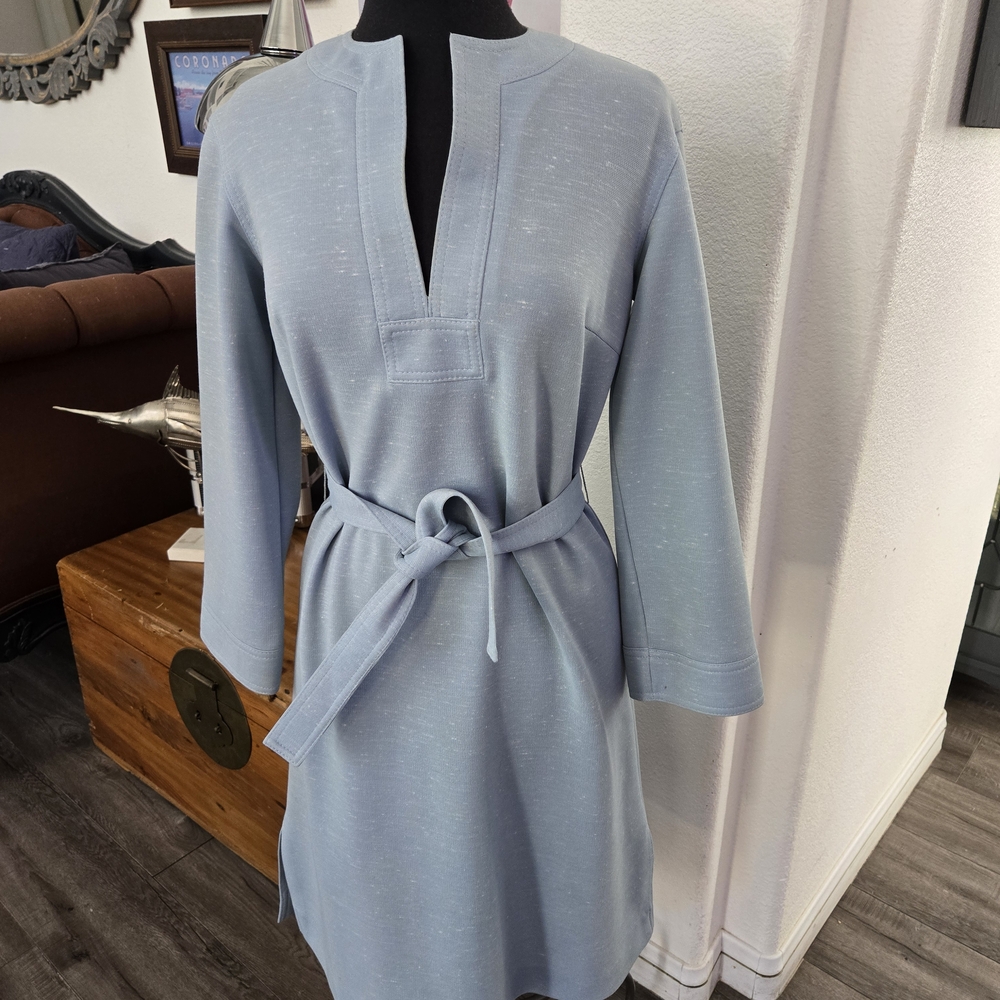 Long Sleeve Belted Tunic Dress in Light Blue